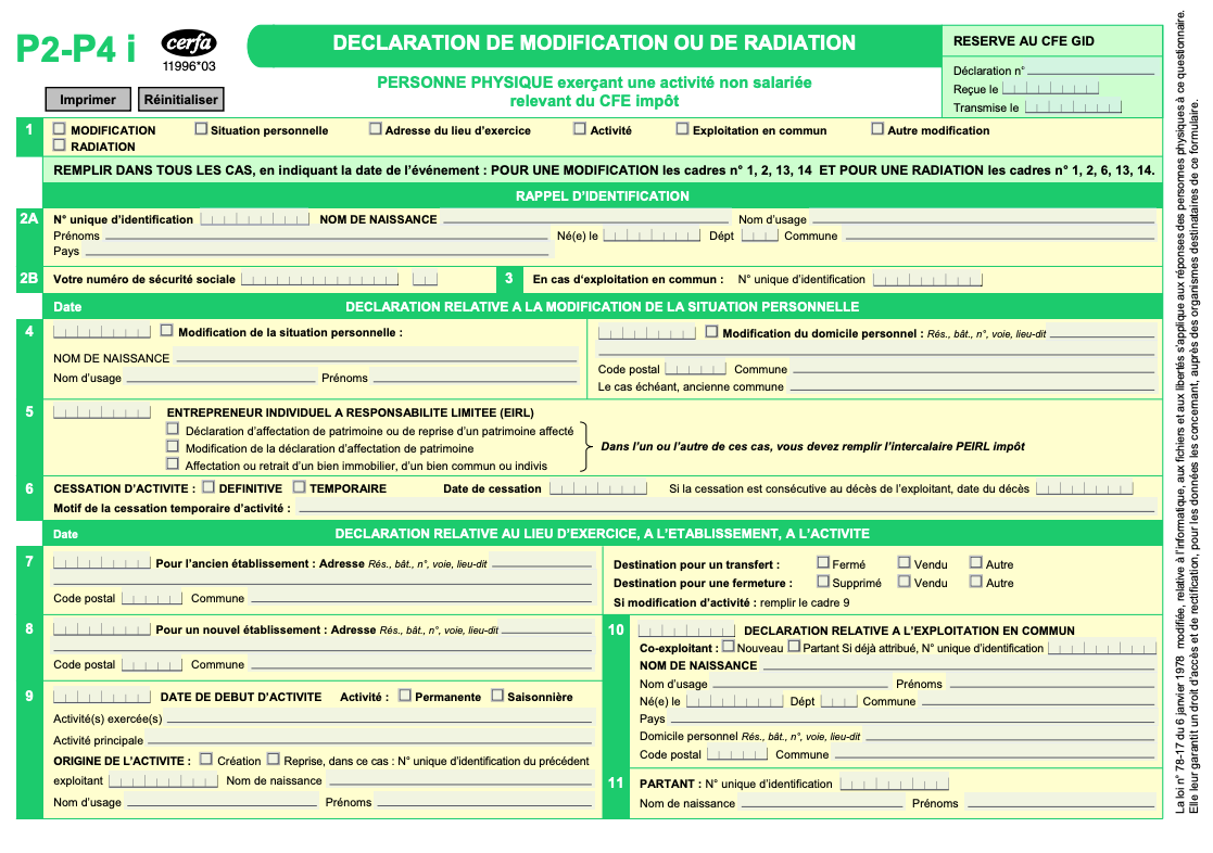 Formulaire P2-P4 : modification et cessation auto-entrepreneur (Mise à