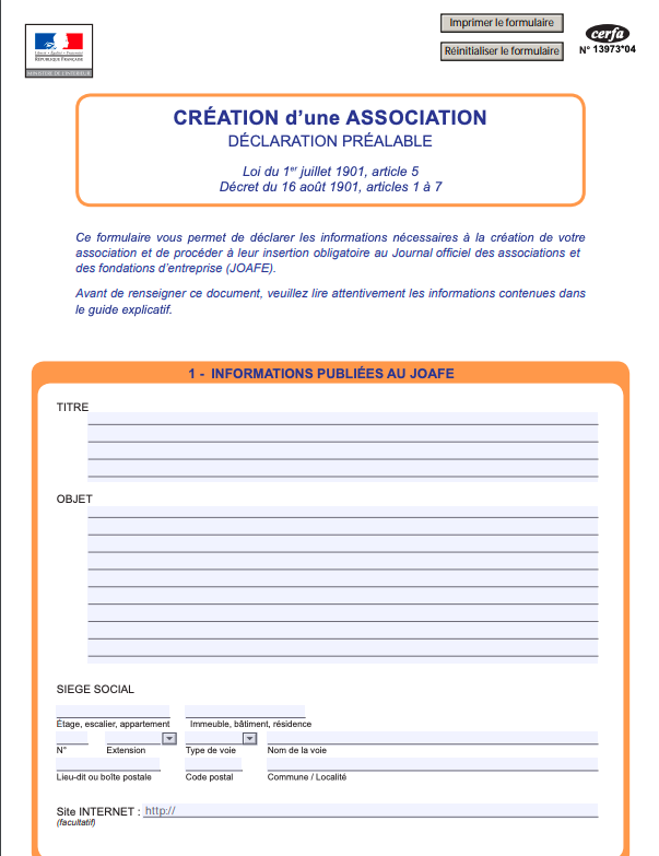 Création association loi 1901  formulaire Cerfa (Mise à jour 2023)