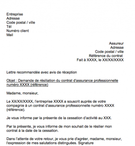 Lettre résiliation assurance professionnelle pour cessation d'activité ...