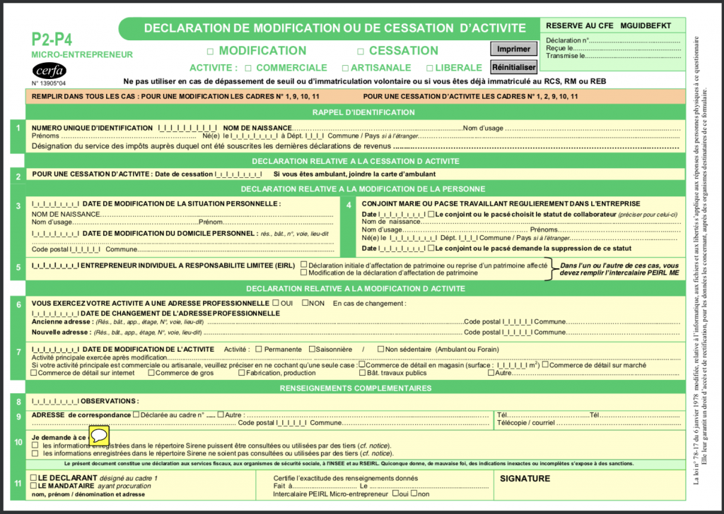 Formulaire P2-P4 : modification et cessation auto-entrepreneur (Mise à